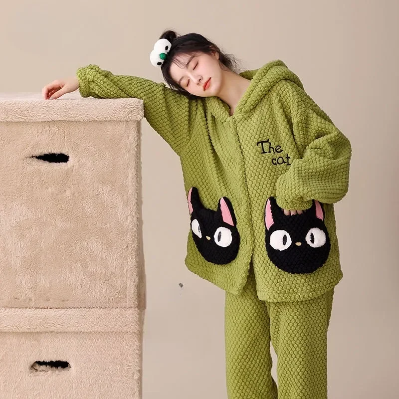 Coral Velvet Pajamas Women Autumn Winter Fleece-lined Thickened Nightclothes Suit Female Flannel Hooded Warm Cartoon Homewear