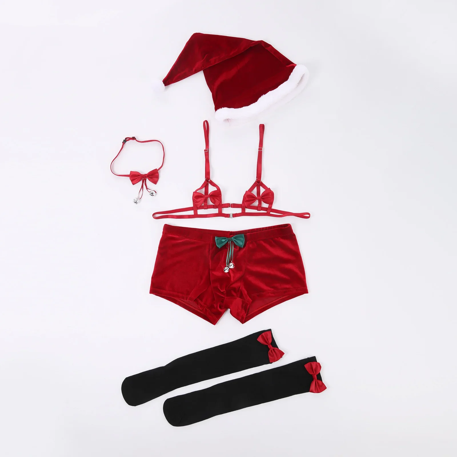 Мужское нижнее белье, 5 шт./компл., рождественское нижнее белье, носки-колокольчики, шляпа Санта-Клауса, сексуальный костюм для вечеринки, сексуальный выпуклый мешочек, шорты-боксеры, ажурный бюстгальтер