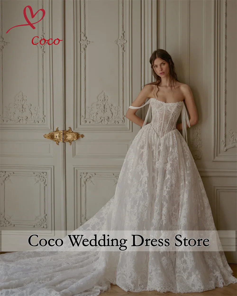 Customised Elegant Strapless Corset Lace Wedding Dress Floor Length Ball Gown with Train Off Shoulder Design Vestidos De Novias