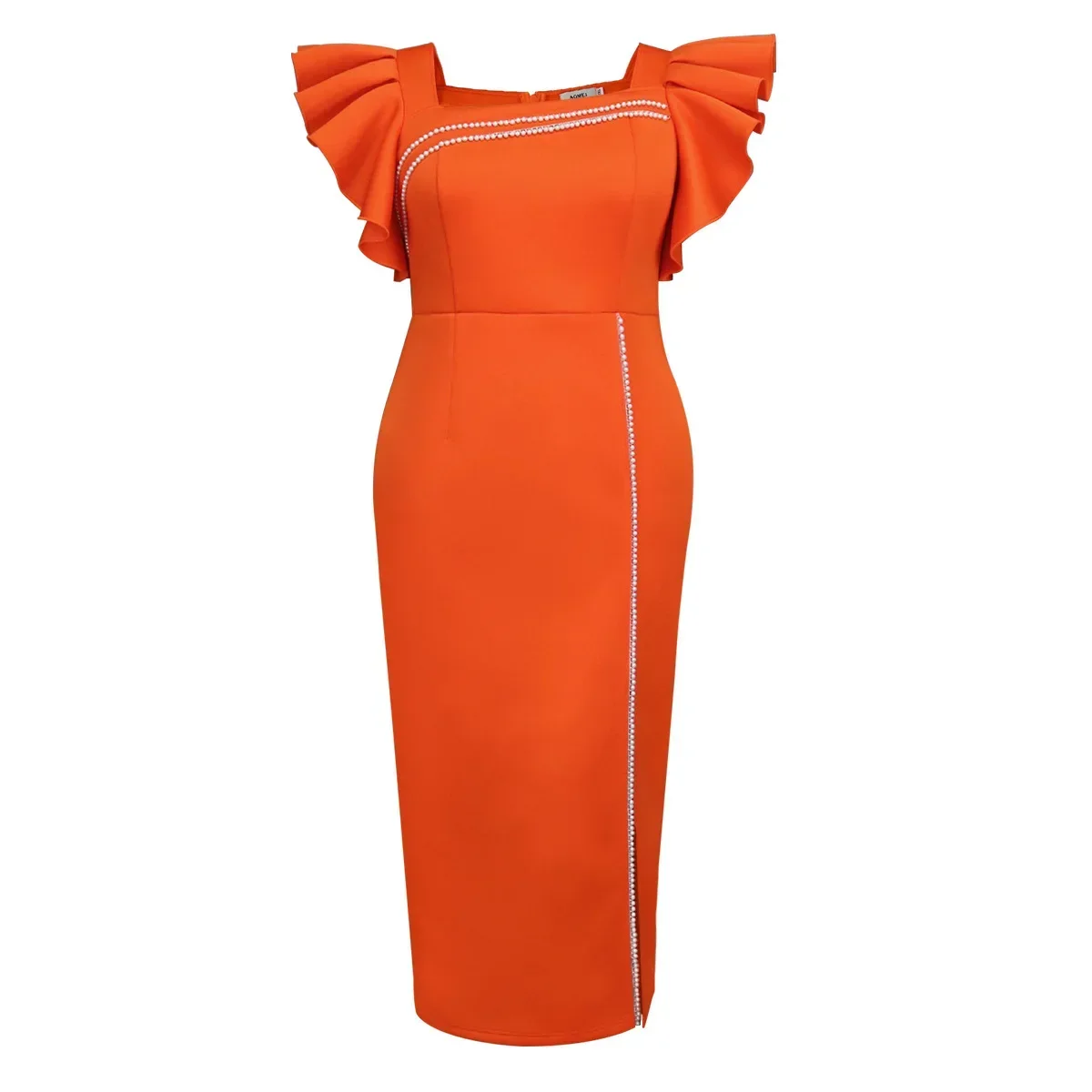 Feminino laranja peal corrente bodycon vestido longo gola quadrada manga curta plissado alta divisão moda baile de formatura vestidos de evento de aniversário