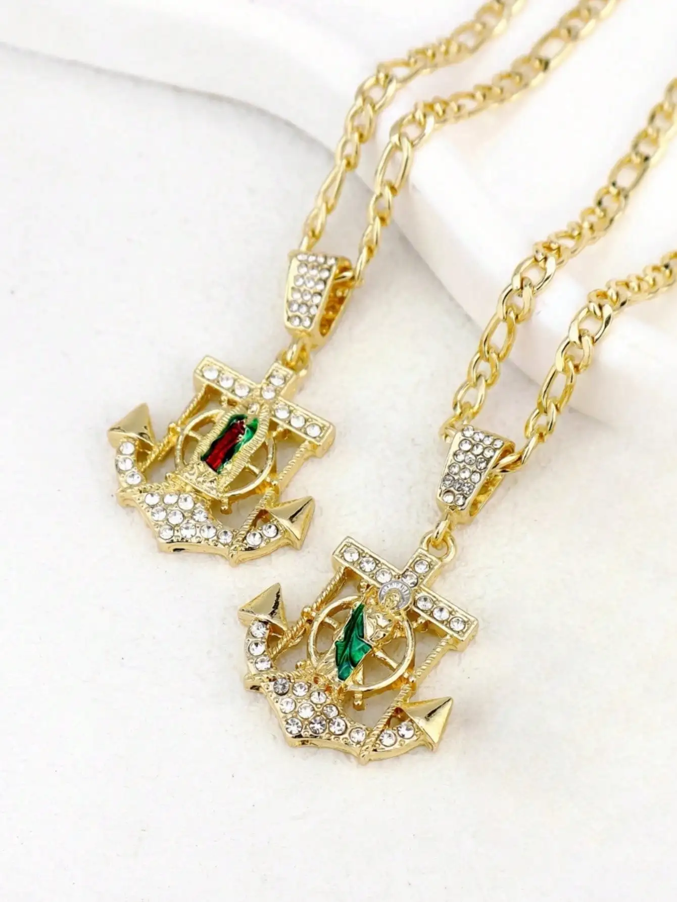 1 Piece Blingbling Anchor Green St. Jude Colorful Virgin Mary Charm Figaro Style Chain Necklace Religious Jewelry