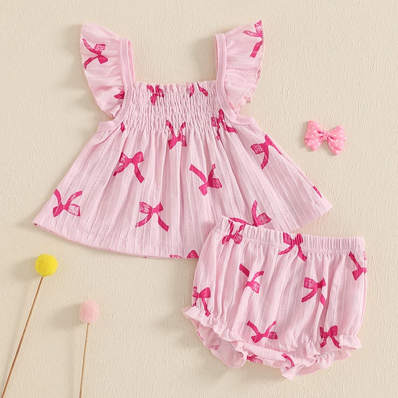 

New Fashion Newborn Baby Girl Summer Clothes Bow Print Flying Sleeve Tops with Elastic Waist Ruffled Shorts Outfits Clothes