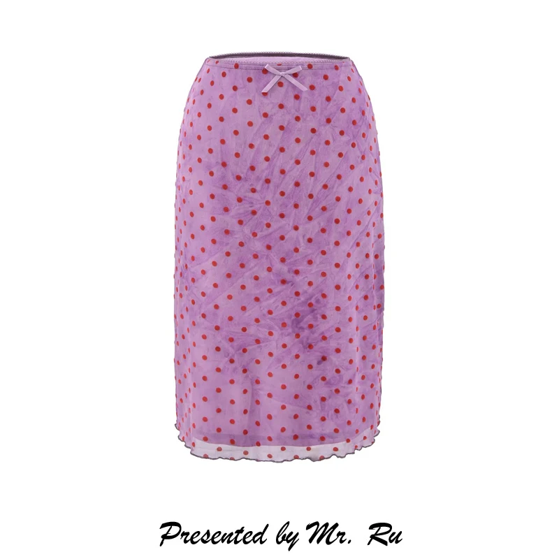 

Knot Polka Dot Midi Skirt Slimming High Waist Purple Gingham Half-length Spring Season Straight-cut Women's Skirt