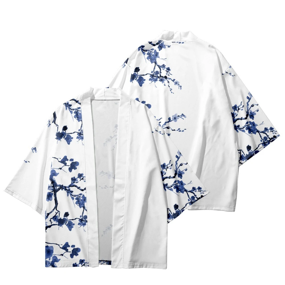 2023 Summer Beach Women Kimono Blue Flower Printed 3/4 Sleeve Shirt Haori Fashion Casual Kimono Yukata Men Traditional Top