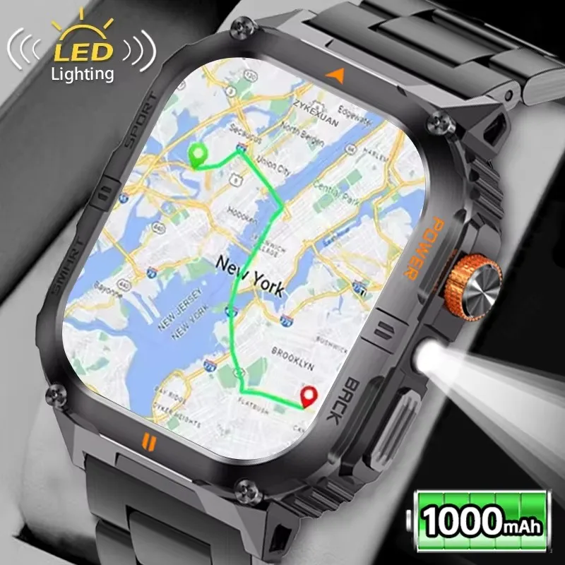 Montre connectée militaire d'extérieur 2026 pour hommes, GPS, lampe de poche, appels Bluetooth, écran AMOLED 2,01 pouces, étanche 3ATM, montre connectée de sport