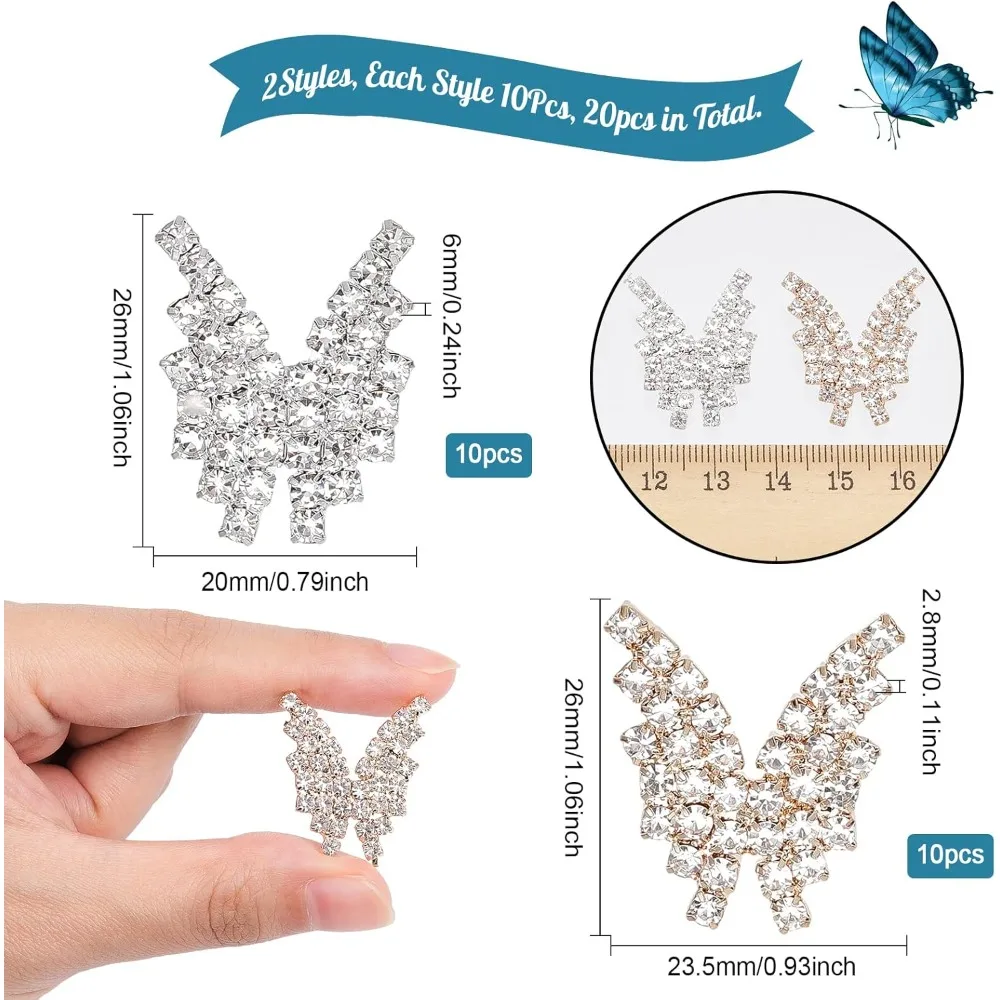 20Pcs 2 Styles Alloy Rhinestone Cabochons Butterfly Mixed Color 26x20~23.5x2.8~6mm 10pcs/style