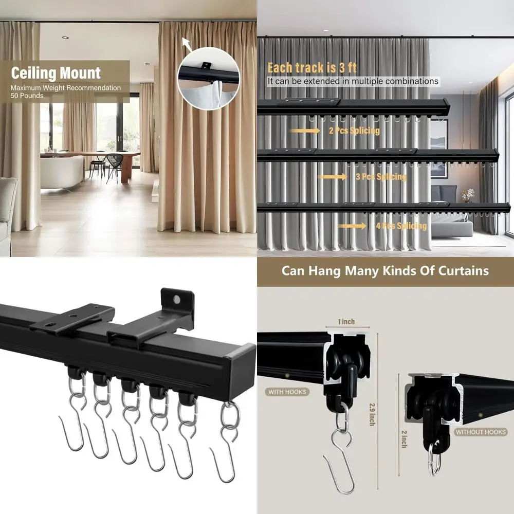 

Heavy-Duty Ceiling-Mounted Curtain Track System with Hooks, Black, for Rooms and Dividers, 3-9ft