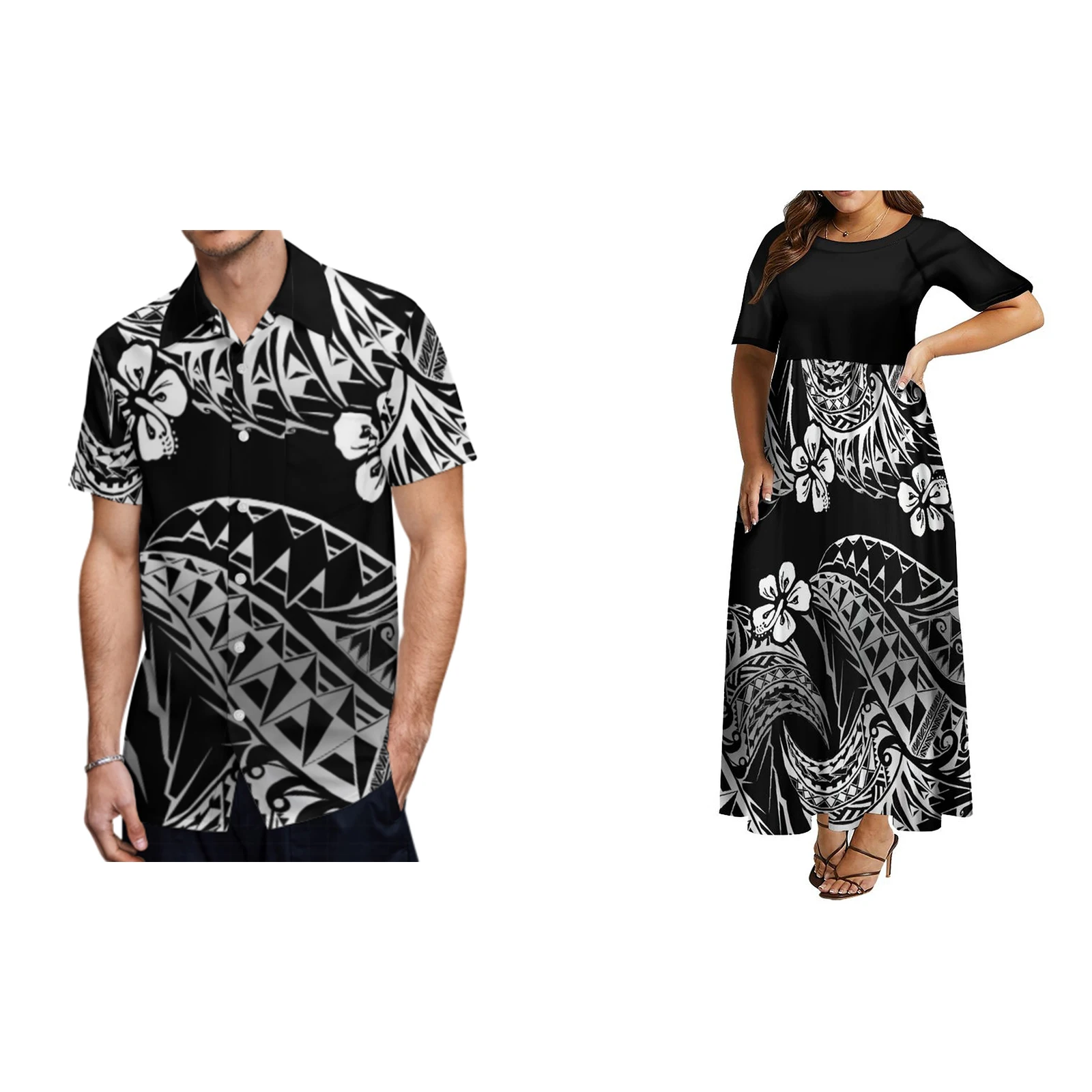 2024 New Woman Medium Sleeve Round Neck Dress Man Hawaii Short Sleeve Shirt Couple Matching Polynesian Wear Samoa Style