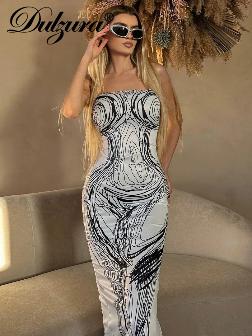 Dulzura Stripe Sexy Y2K Clothes Sleeveless Backless Tube Bodycon Midi Dresses For Women Party Night Club Wear Elegant Outfits