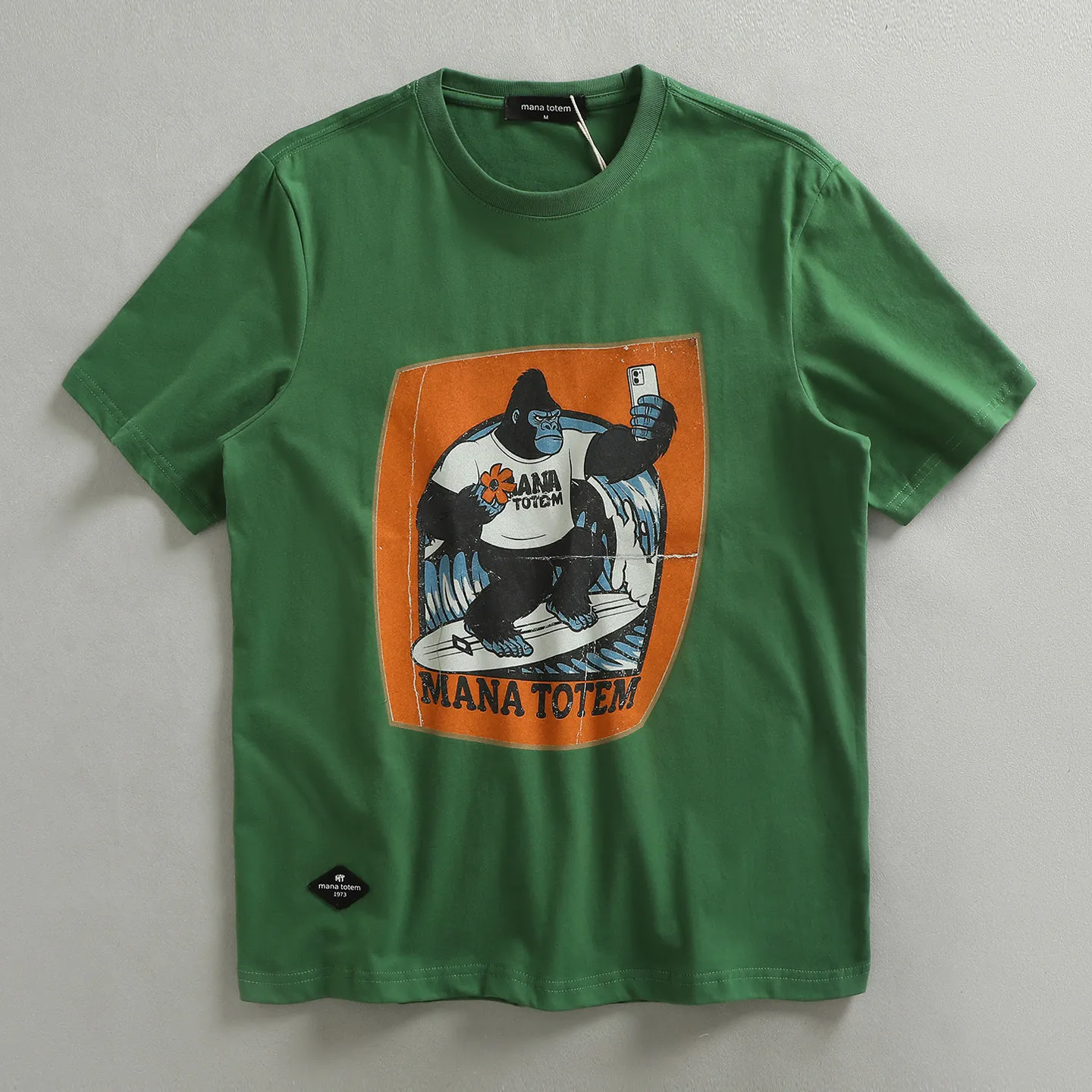 2026 Summer New American Retro Short Sleeve O-neck Gorilla Surfing Printed T-shirt Men's Fashion 100% Cotton Washed Casual Tops