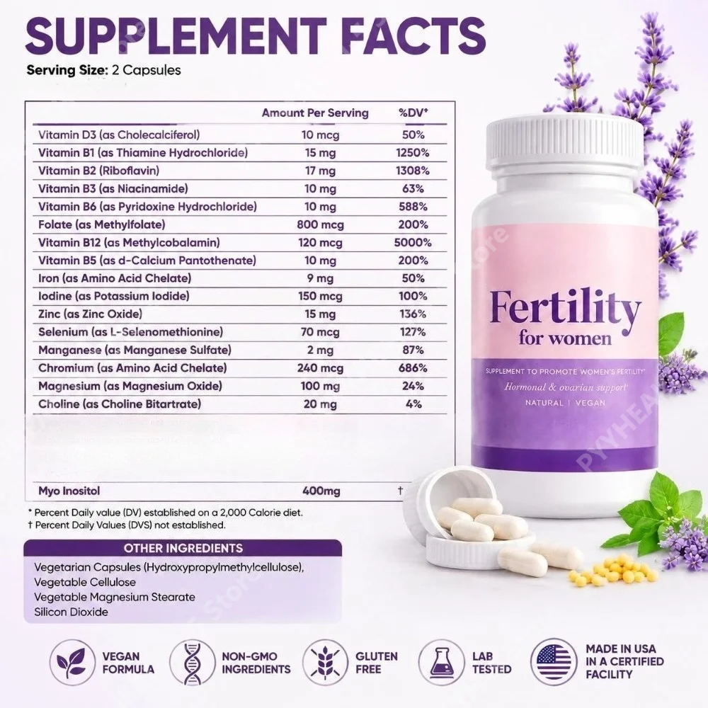 Fertility Capsules for Women Myo Inositol with Methylfolate & Multivitamins, Hormonal & Ovarian Support Healthy Ovulation 60 Cts
