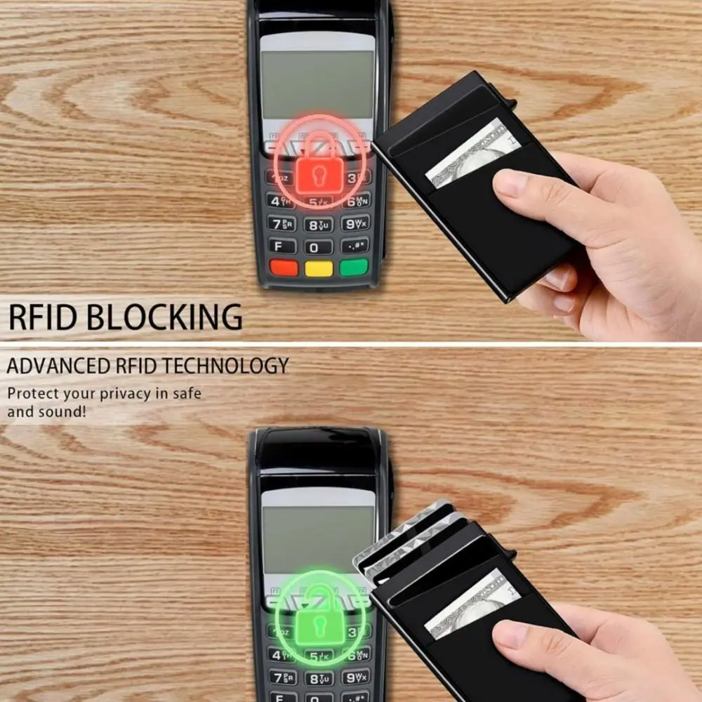 

Automatic RFID Anti-Theft Card Holder Screw Reinforcement Metal Box Bottom Men's Card Box RFID Blocking Switch Side Design