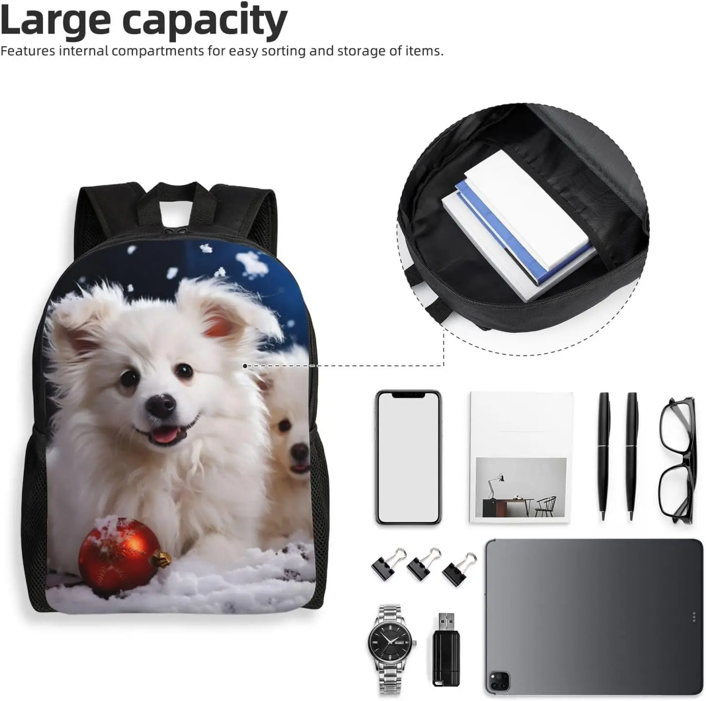 Merry Christmas White Snow Dog Laptop Backpack For Women Men College Backpack Work Business Computer Bag Lightweight Bookbag