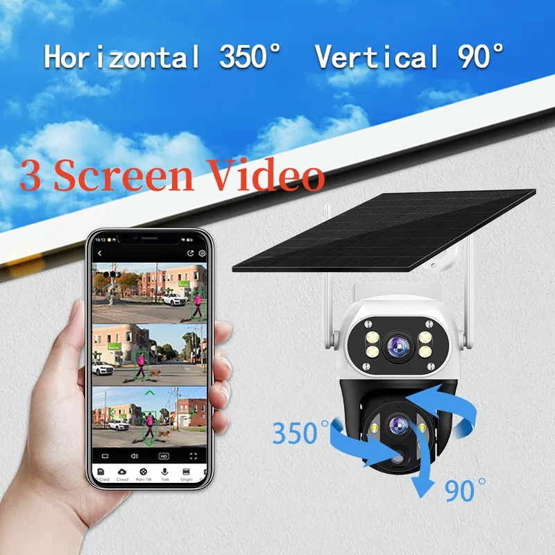 4G WiFi Solar Powered CCTV Camera 6MP Dual Lens PTZ Outdoor Triple Screen Night Vision IP66 Waterproof Security Camera