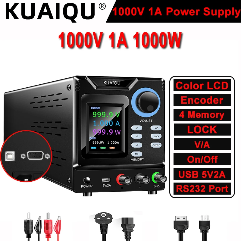 1000V 1A Lab DC Power Supply RS-232 Communication Voltage Stabilizer Programmable 4 Set Memory Software Connect OUTPUT LOCK 400V