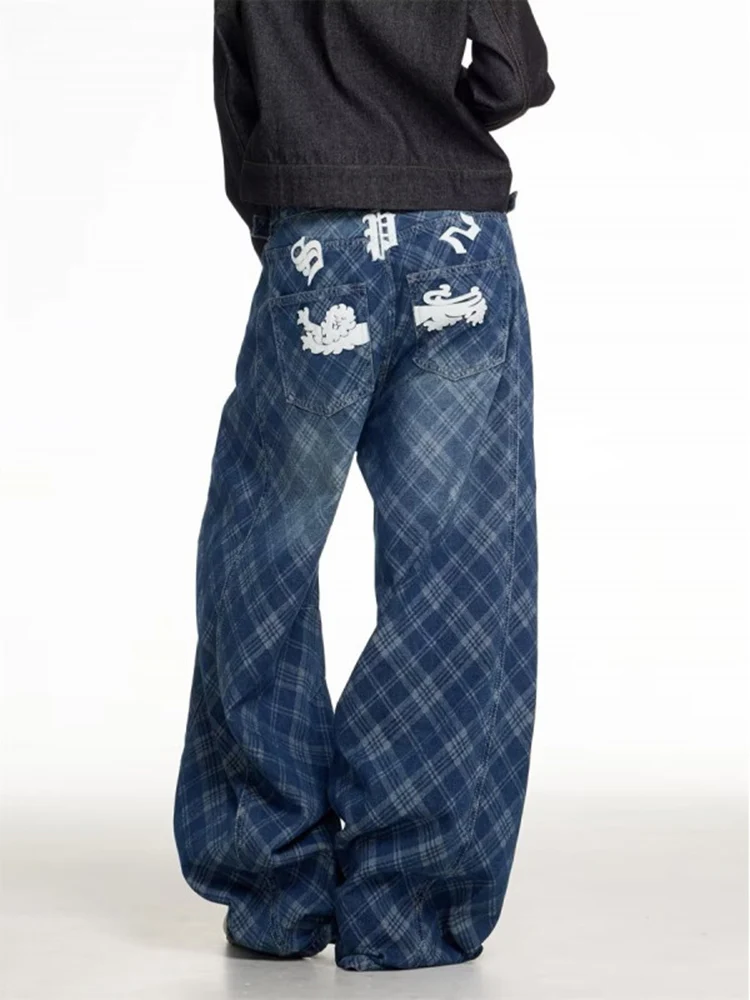 ReddaChic オーバーサイズ ブルー ジーンズ レタープリント ワイドレッグ ストレート デニムパンツ チェック柄 ファッション 秋 カジュアルウェア ロングパンツ