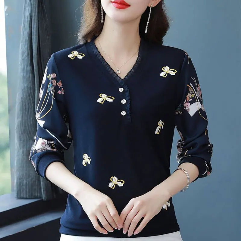 Casual Floral Printed Shirt Elegant V-Neck Button Spring Autumn Long Sleeve Female Clothing Commute Folds Spliced Loose Blouse