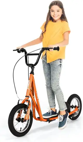 Scooter, Kids & Adults Off-Road Scooter with 12" Inflatable Wheels, Adjustable Height Handlebar, V-Type Handbrakes & Axle Pegs f