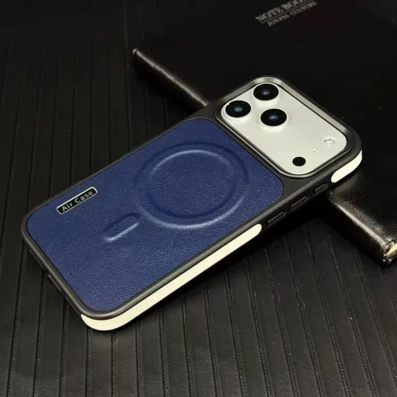 Modische matte Leder-Handyhülle für Magsafe, für iPhone 17, Air 16, 15, 14, 13, 12, Pro Max, kabelloses Laden, sturzsichere Stoßstangenabdeckung