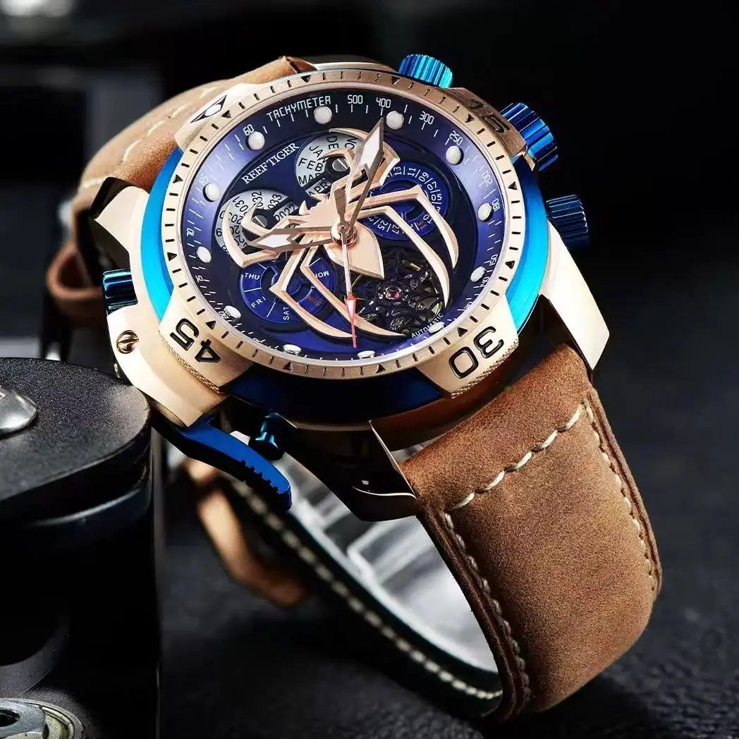 Reef Tiger Men Automatic Watch 44mm Mechanical Wristwatch Waterproof Sapphire Mirror Luminous Spider Dial Month Week Date