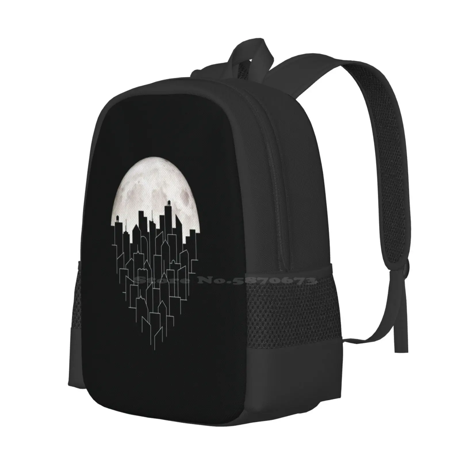 Moonrise 3D Print Design Backpack Student Bag Cityscape Lines Black White Landscape Moon Rise Night