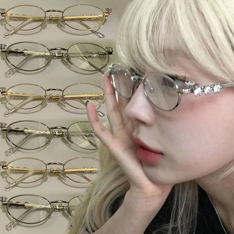 

Очки с овальной оправой и стразами, женские, в стиле панк-ретро, серебристые, золотистые, с защитой от синего света, для чтения, из нержавеющей стали, новые