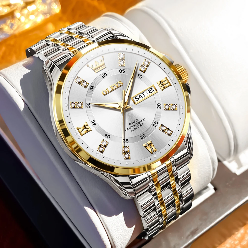 OLEVS Orologi da uomo di moda Trend Orologio al quarzo originale per uomo Orologio da polso impermeabile in acciaio inossidabile Data settimana Luminoso 3620