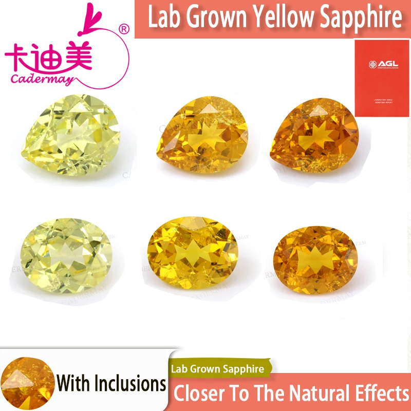 

CADERMAY AGL Pear Oval Shape Lab Grown Yellow Sapphire Loose Stones With Inclusions For Rings Necklace Customized Jewelry Making