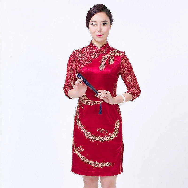 

Китайское свадебное платье средней длины в стиле ципао с низким разрезом для женщин, для вечеринок и банкетов