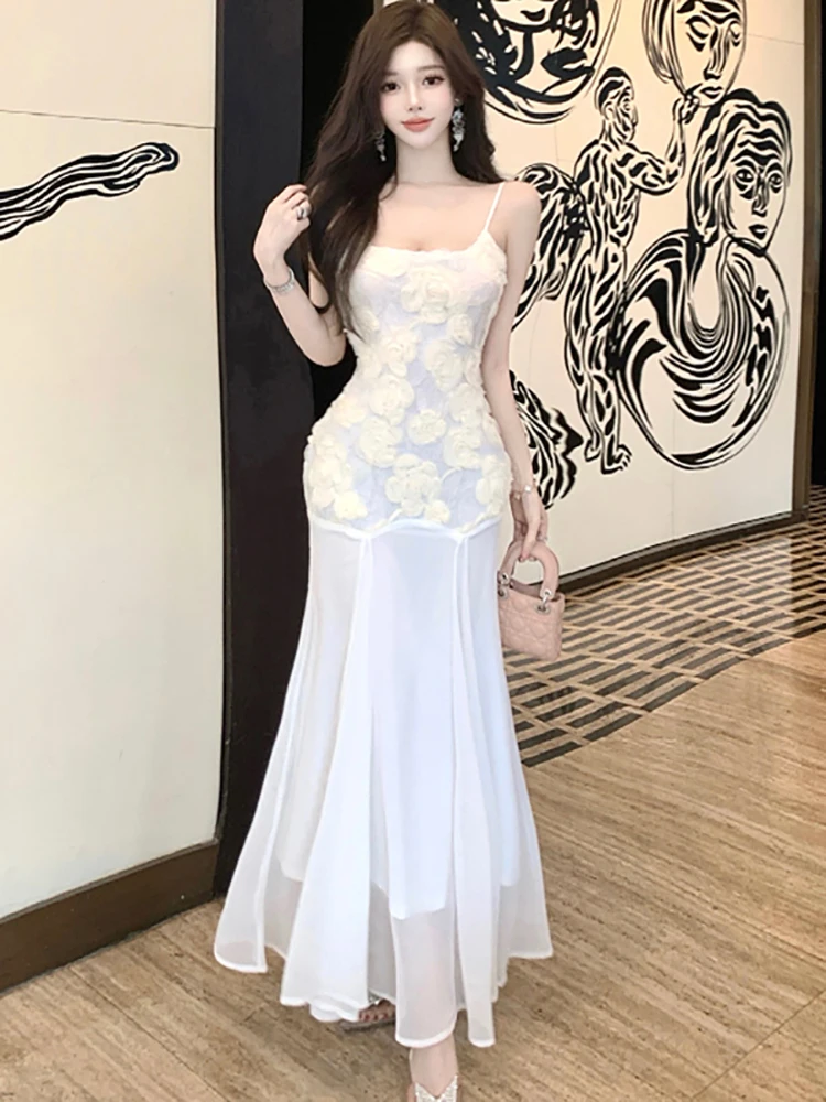 

2025 White Mesh Embroidery Foral Chic Ruffled Long Dress Women Elegant Luxury Sling Sexy Dress Summer Korean Bodycon Casual Robe