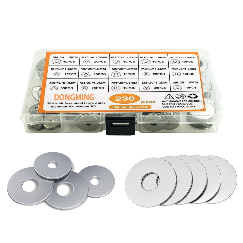 

230pcs Flat Gasket Set 304 Stainless Steel Non-standard Flat Gasket M3 M4 M5 M6 M8 M9 M10 M12 Flat Washers Kit 15mm-30mm Gaskets