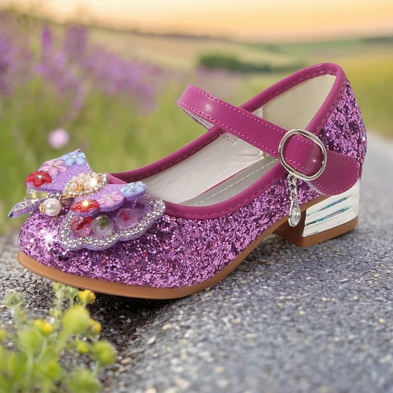 Girl's Purple High-heeled Shoes For kid's 2025 Children New Four Seasons Princess Kids Sequins Students Dance Performance Shoes