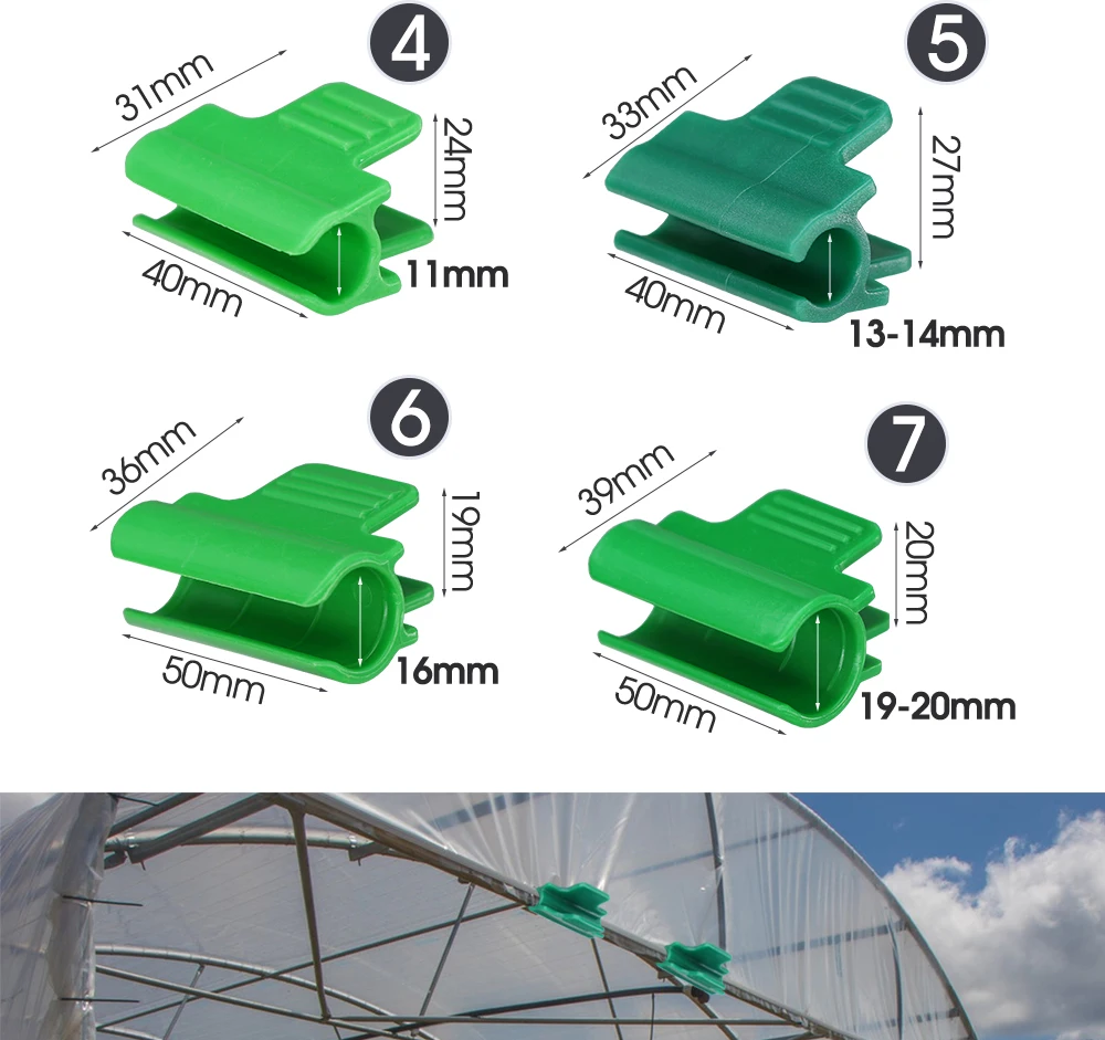 10 SZTUK Zielony 5-20 mm Klipsy podtrzymujące rośliny Pokrycia szklarni Zaciski foliowe Pokrywa rzędu Siatka zacieniająca Rama Pręt Tunel Obręcz