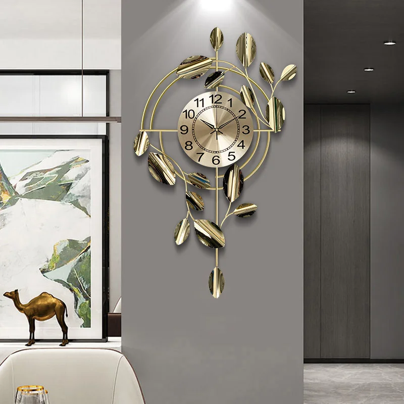 Metal Gold Leaf Wall Clock Nordic Light Luxury Decoration Wall Watch Sweep Seconds Silently Number Large Clock Home Accessories