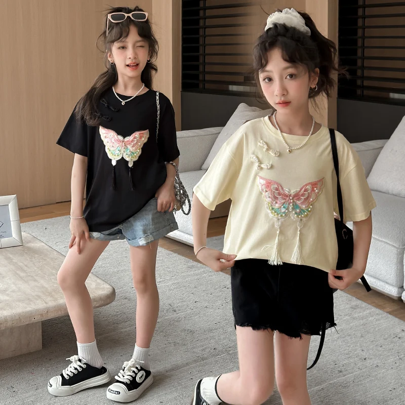 Chinese Style Tween Girls Summer T-shirt with Butterfly Appliques Kids Shorts Sleeve Tshirt Outfit Fashion Children Tee Tops