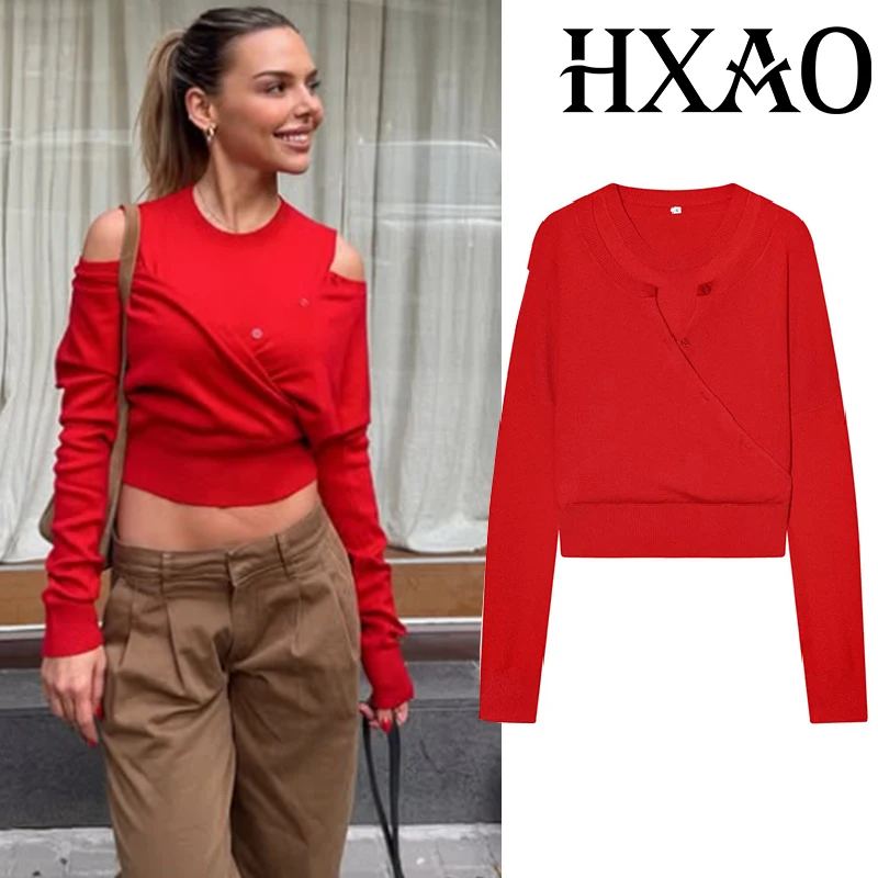 HXAO Knit Women's Sweater Tops Long Sleeve Double Layer Off Shoulder Sweater Autumn Slim Fit Red Sweater Knitting Jumper