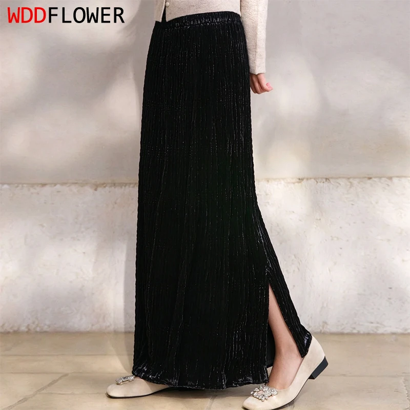 95% Mulberry Silk 5% Spandex Lining Women Crinkle Velvet Silk Midi Skirt Black Color Elastic Waist Chic Skirts Autumn M1820
