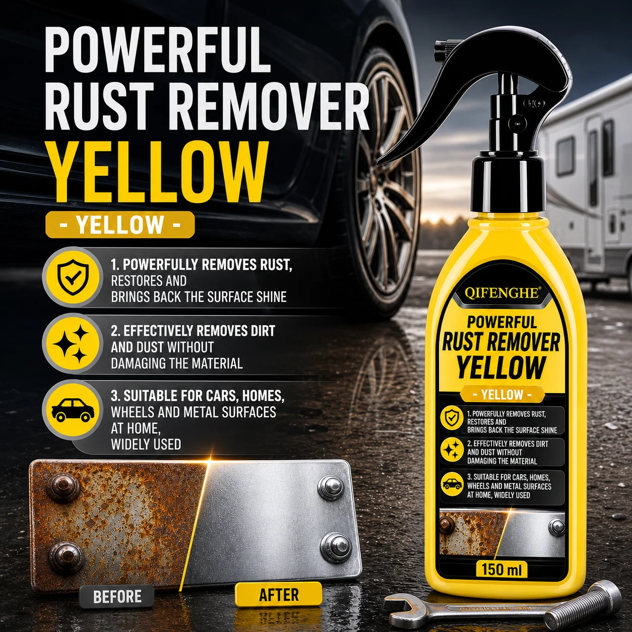 QIFENGHE 150ml Powerful Rust Remover Spray Multi-purpose Metal Rust Cleaner for Car Wheels Hardware Restore Surface Shine