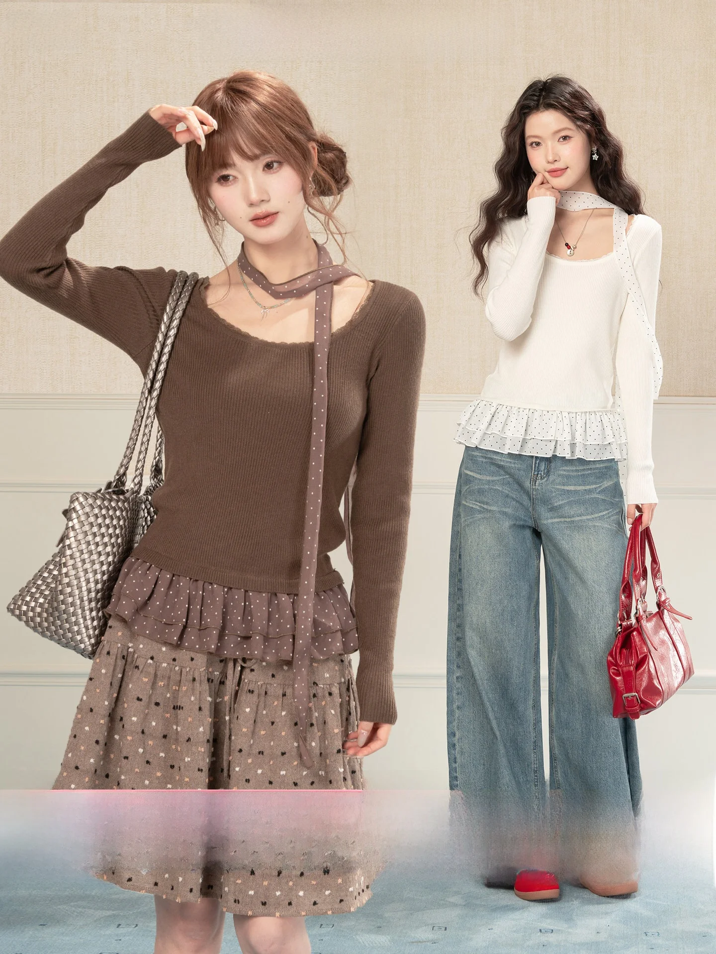 

Heynew Long Sve Knitted Dr Women's Spring Sweet Inner Wear Top Polka Dot Ruffle Hem Splicing Design Commute Sle