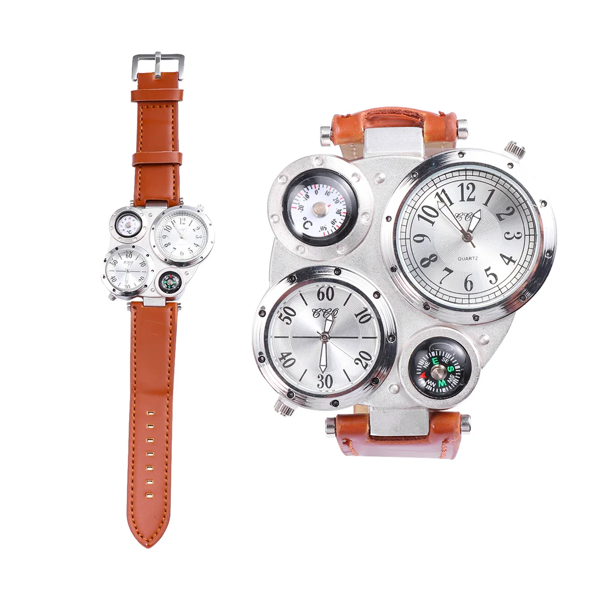 1pcs Temperature Compass Watch Men'S Quartz Dual Display Outdoor Sports Thermometer Watch Light Coffee