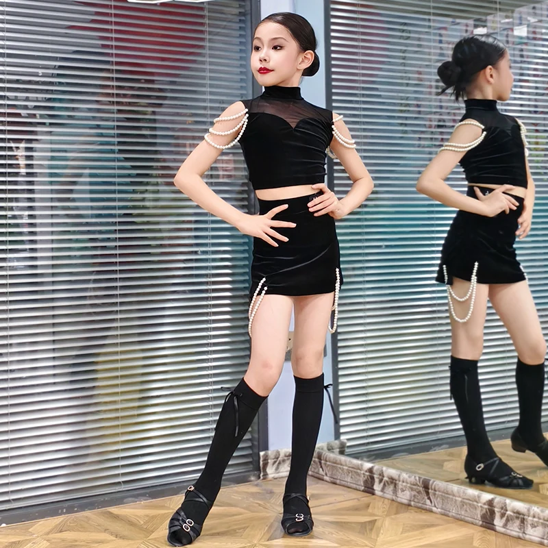 Roupas de dança latina de veludo sem mangas para meninas e meninos ternos de prática de detalhes de pérola para primavera verão prática de dança