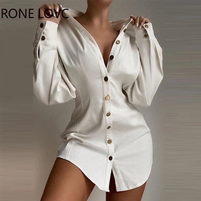 

Women Chic Casual Elegant Long Sleeve Button Decor Mini Working T-shirt White Shirt Dress