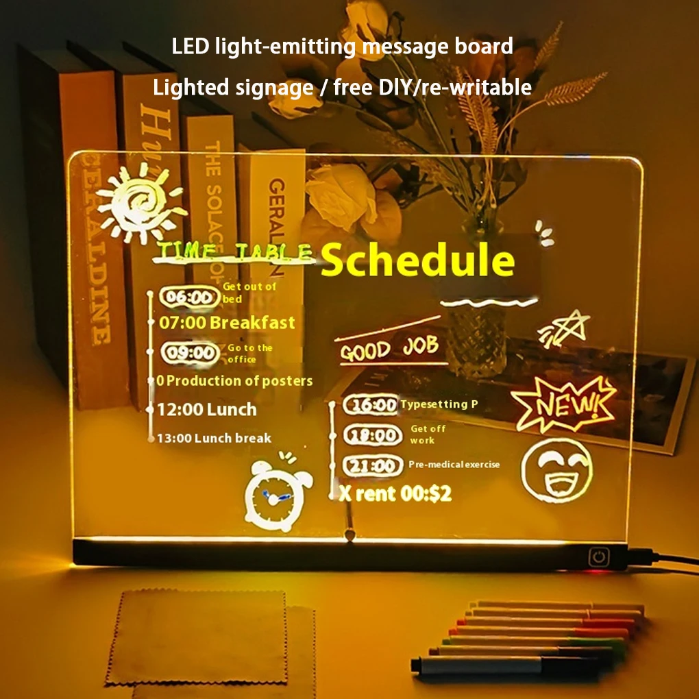 Luminous Acrylic Message Board Rewritable DIY Children’s Glowing Drawing Board Message Lamp With 6 Colorful Pens