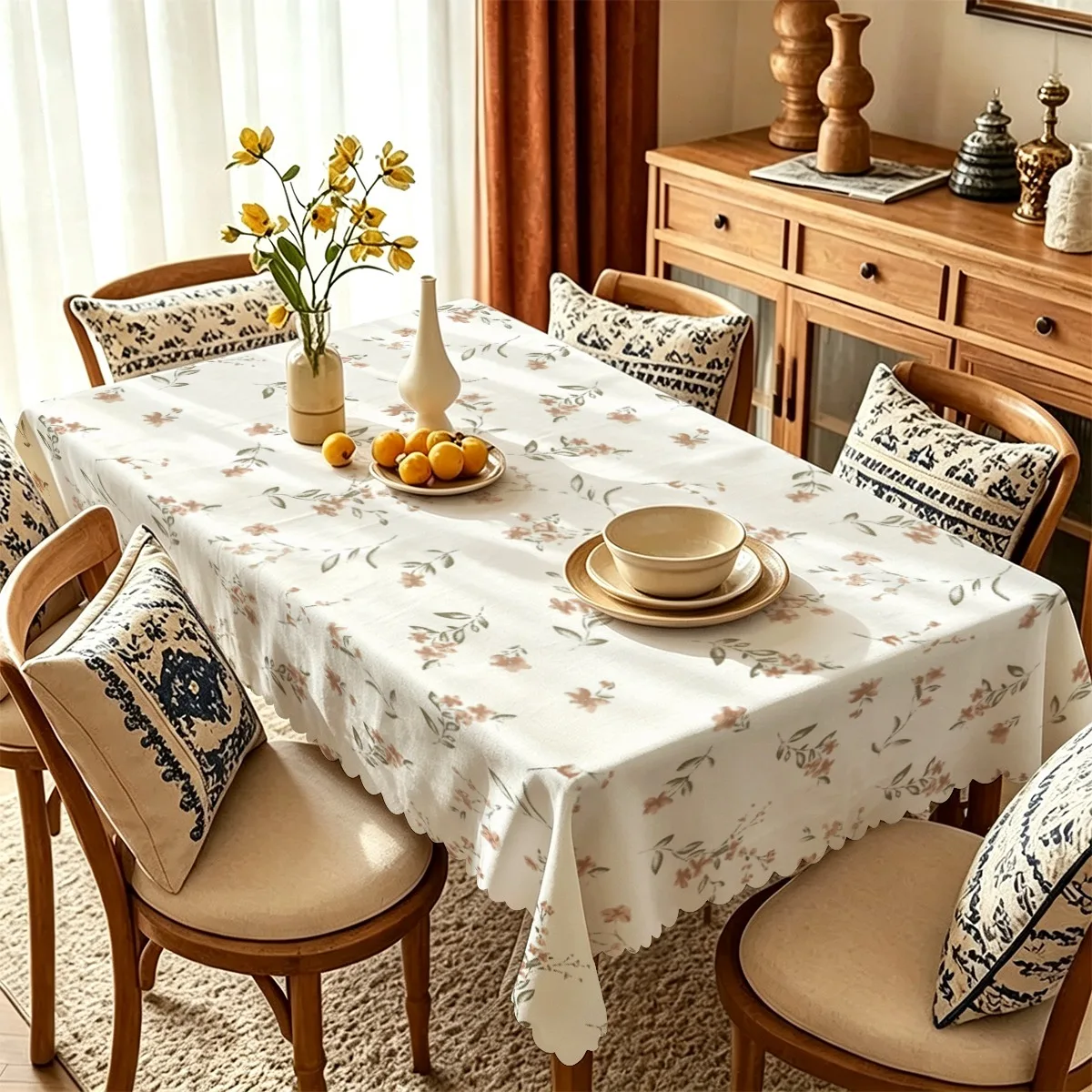 Mint green base with light pink small flower wave-edge tablecloth, coffee table theme tablecloth