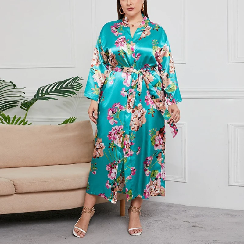 Krismile Chinese Style Robe for Women 2025 Autumn Wimter Plus Size Long Sleeve Smooth Comfort Night Wear Long Robes Wirh Belt