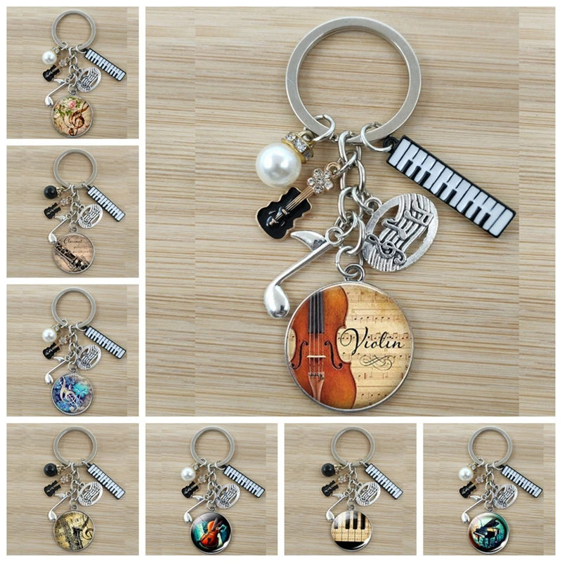 Musical Instruments Clarinet Guitar Flute Violin Music Keychain Pendant Musical Note Keychain Keyring Music Glass Dome Jewelry