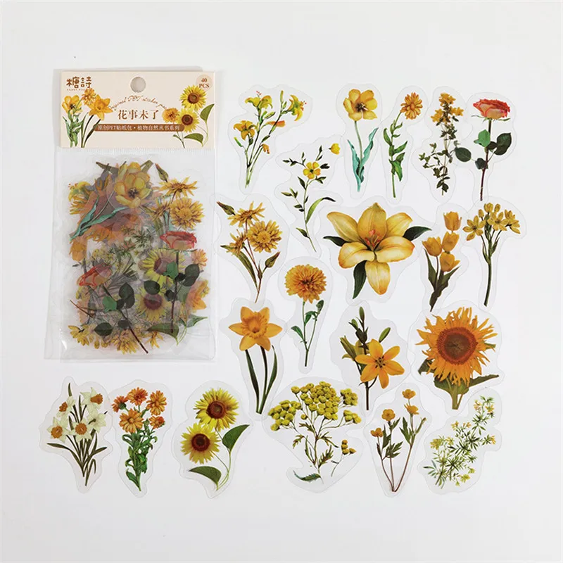 40 pcs/bag Plant Nature Flower Decorative PVC Sticker Scrapbooking diy Label Diary Stationery Album Journal Daisy mushroom Stick