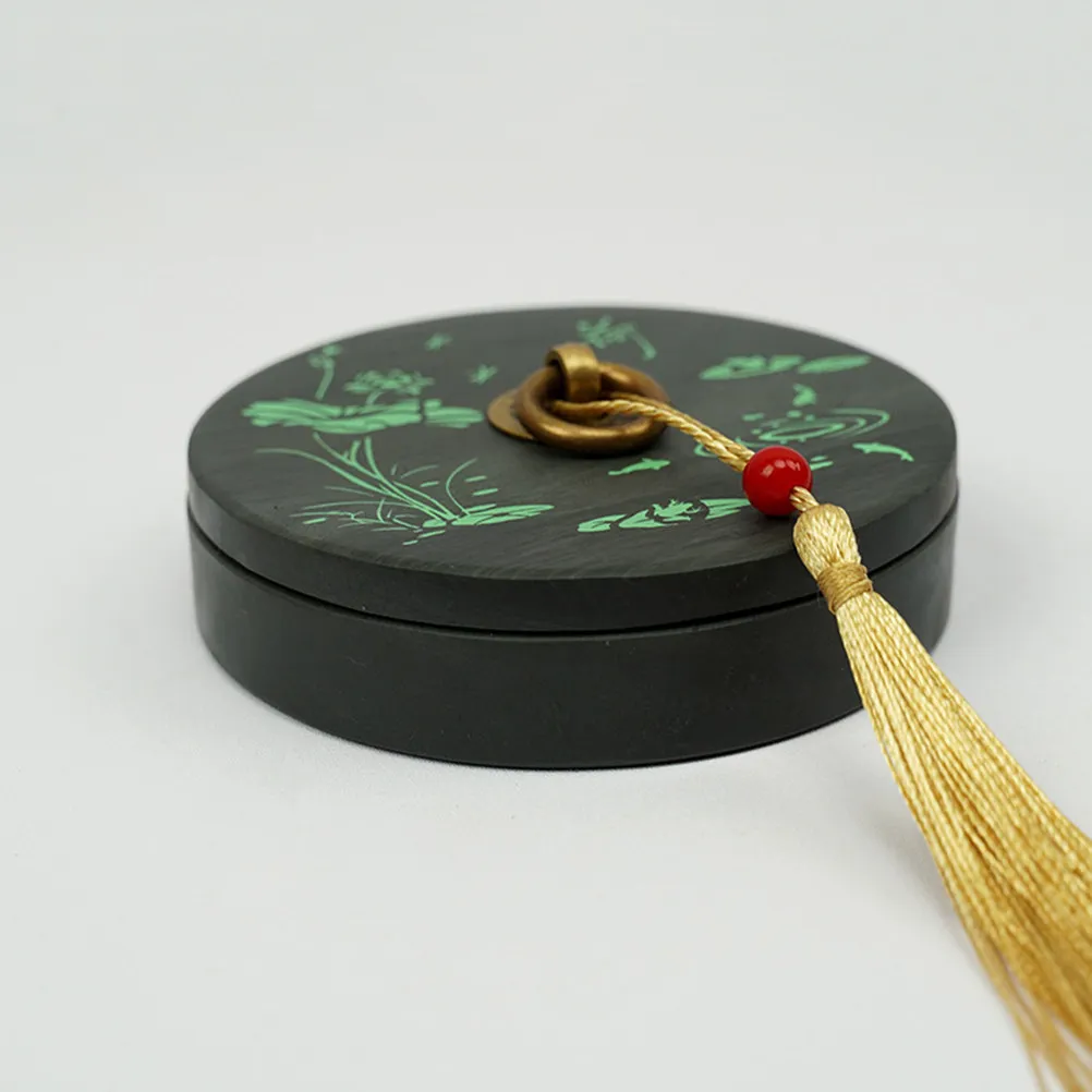Chinese Calligraphy Inkstone Summer Lotus Pattern Round Shape Ink Grinding Stone Traditional Ink Container for Painting Drawing