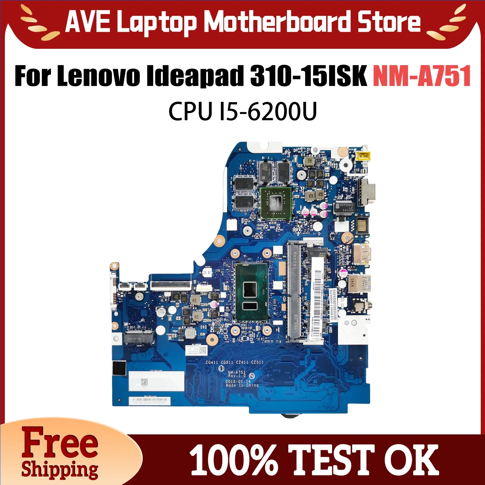 NM-A751 Notebook Mainboard For Lenovo Ideapad 310-15ISK 510-15ISK Laptop Motherboard With I5-6200U CPU 5B20L35898 4G GPU 15Inch