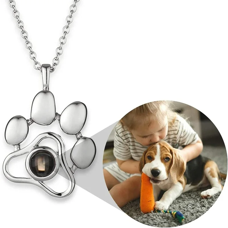 Personalized Photo Projection Necklace I Love You 100 Languages Dog Paw Memorial Pendant Necklace Custom Photo Dog Paw Necklace